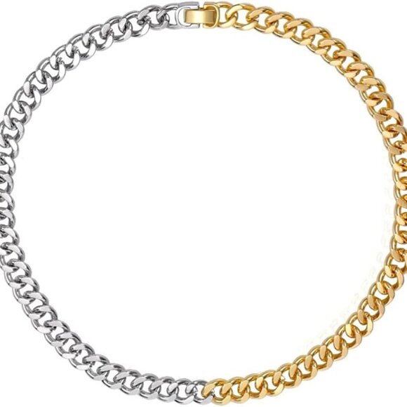Unisex Cuban Link Chain Necklace Choker Stainless Steel Gold Silver 18" - Picture 1 of 8